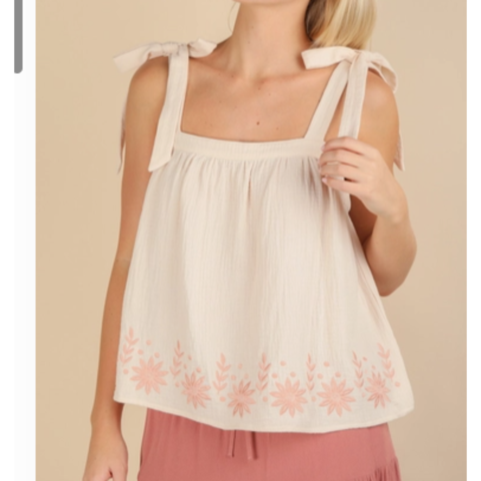 Very J Very J -Floral Embroidered Shoulder Ribbon Tie Top