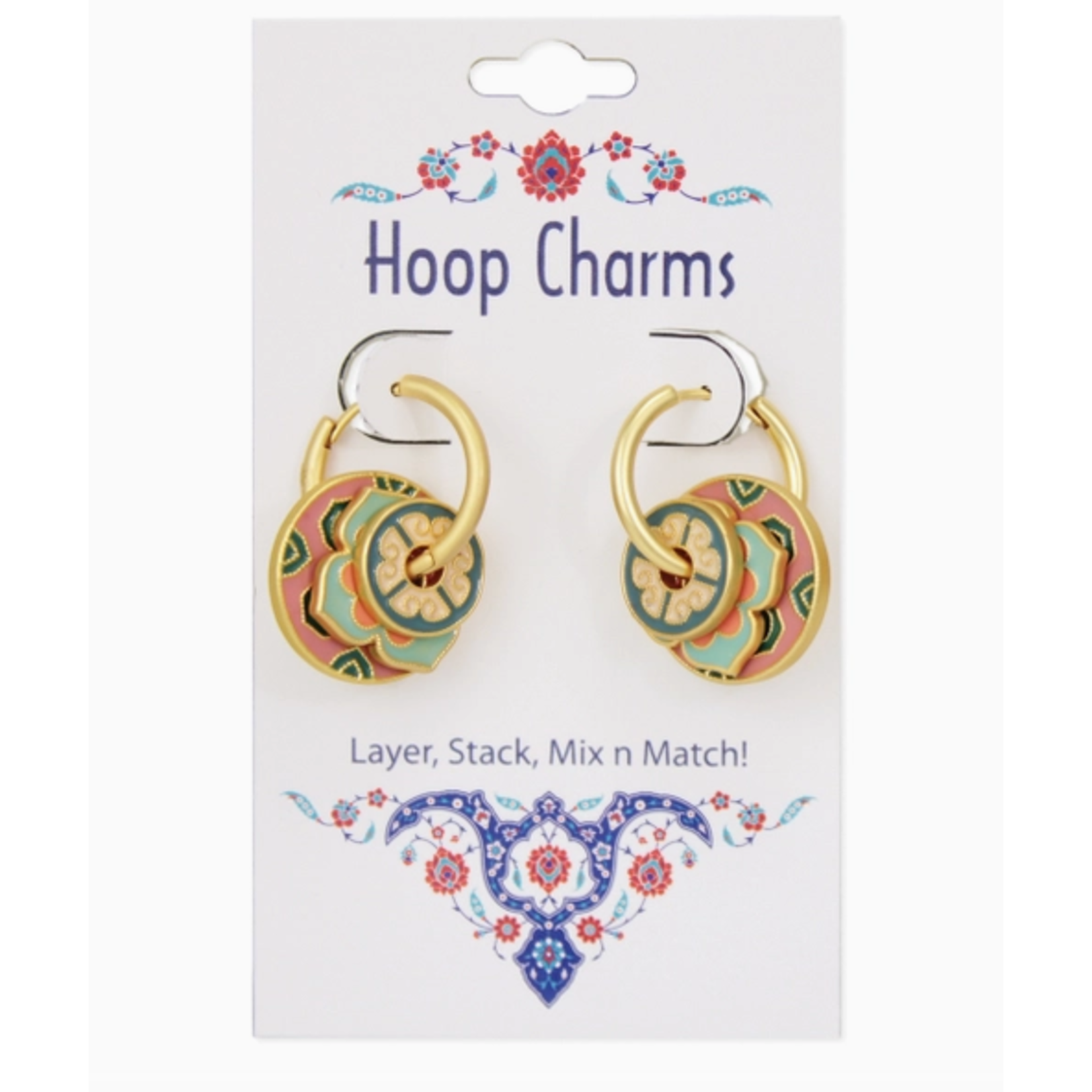 ZAD ZAD Pink Turquoise Gold Stacking Hoop Charm Earrings