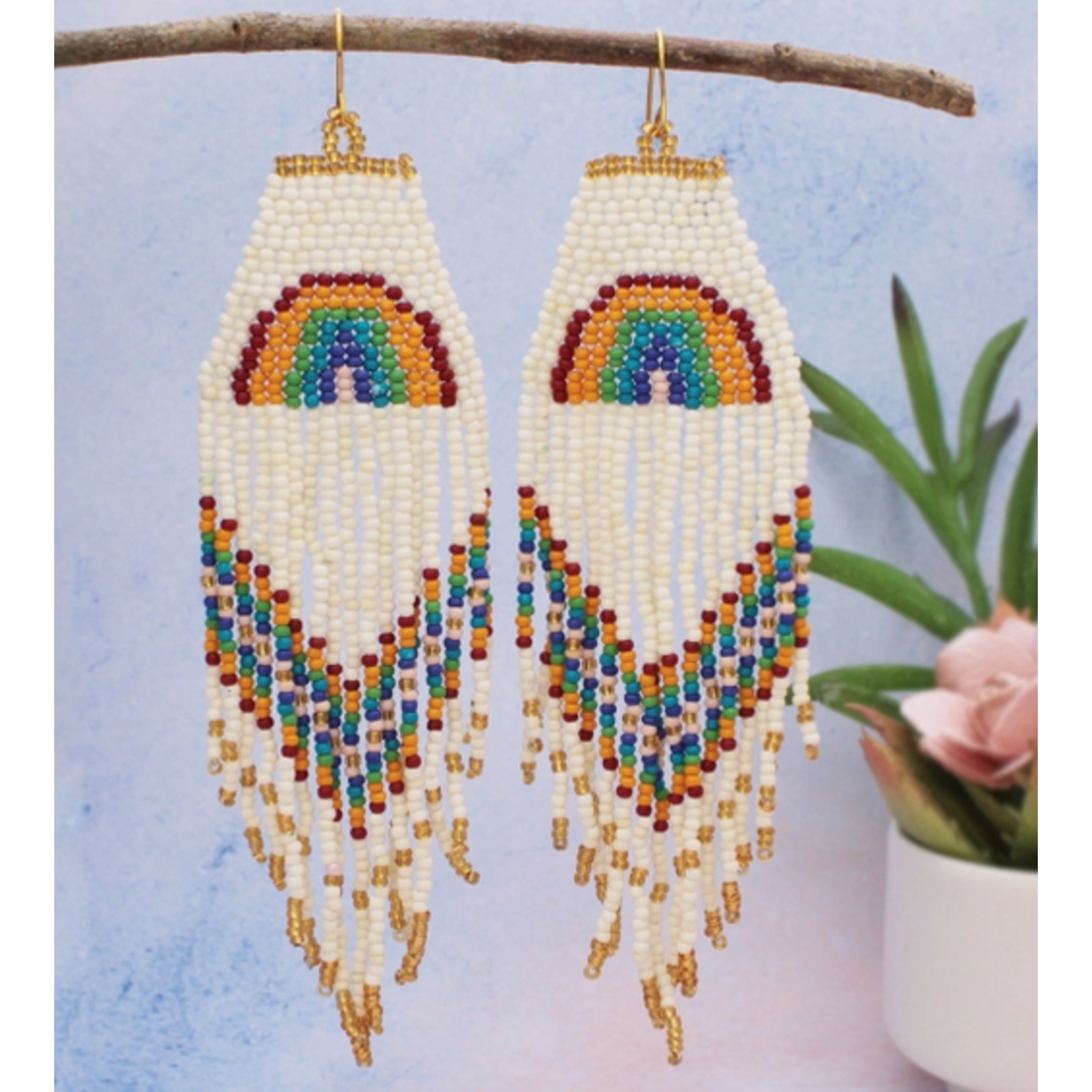 ZAD ZAD White Rainbow Fringe Beaded Earrings