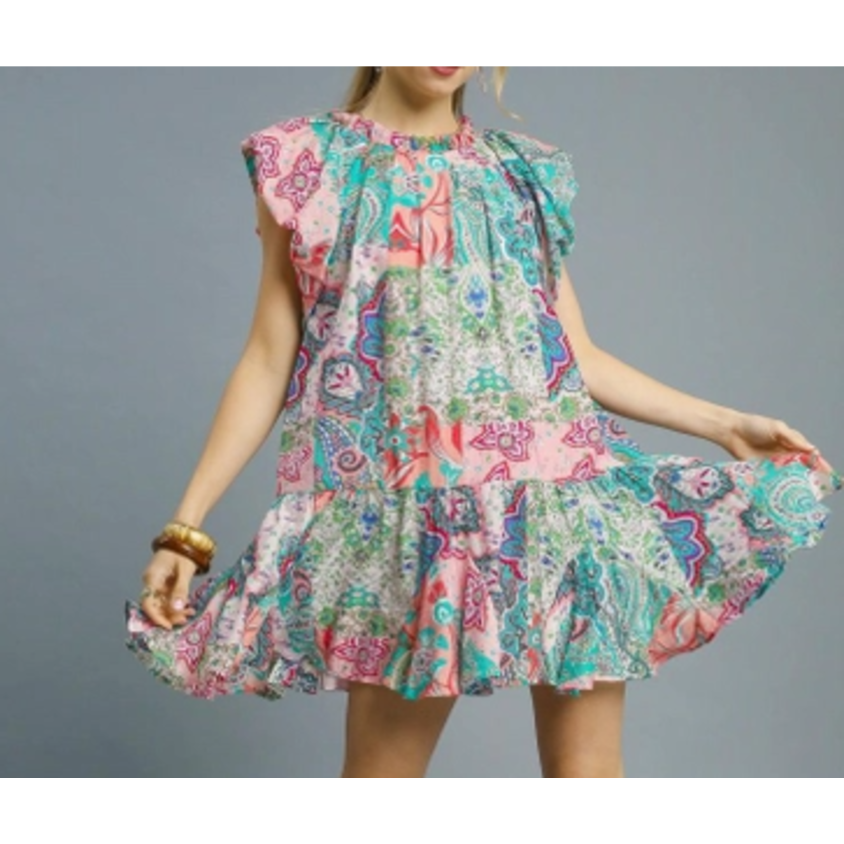 Vanilla Monkey VM Patchwork Paisley Ruffle Sleeve Mini Dress