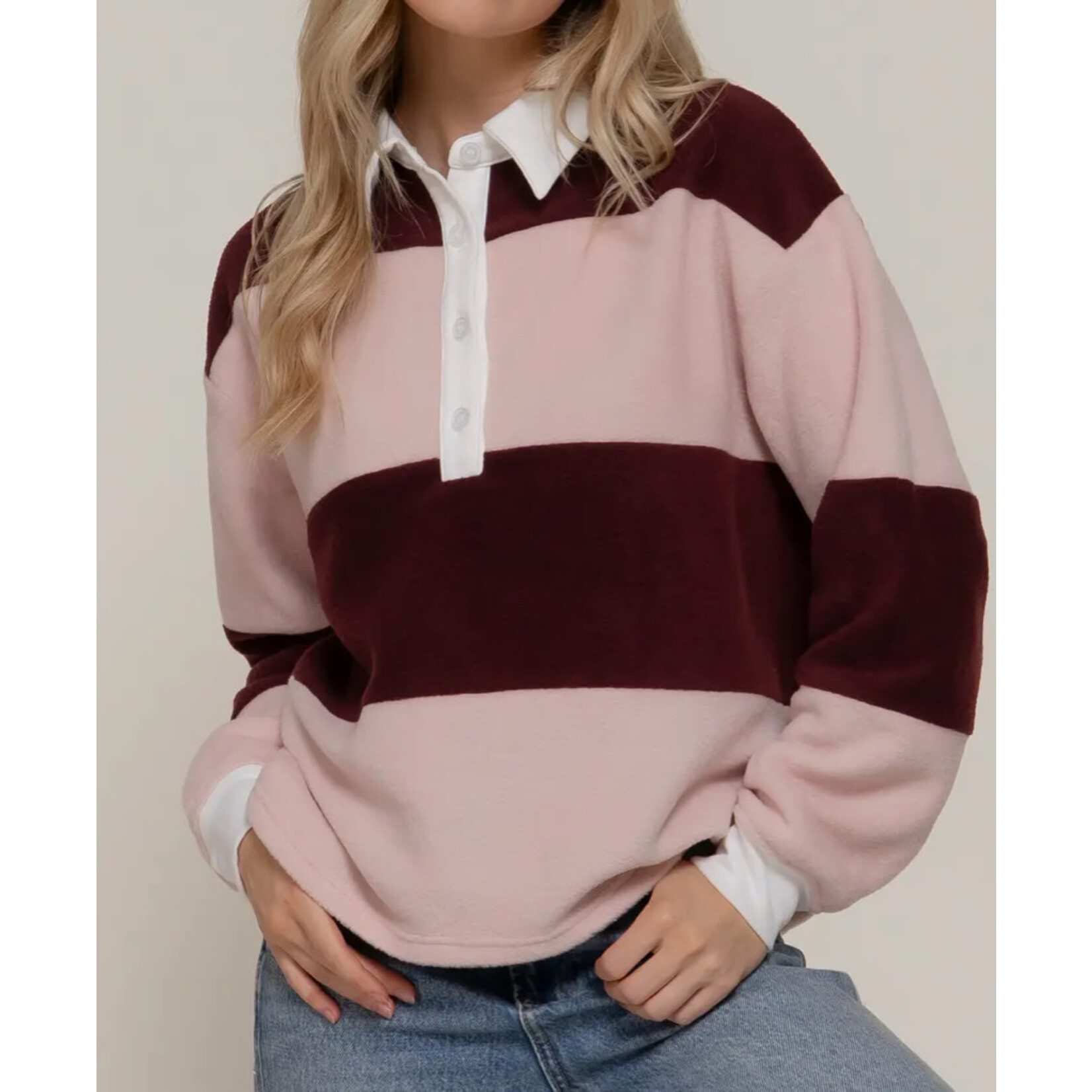 Active Basics AB Long Sleeve Rugby Stripe Fleece Polo Top