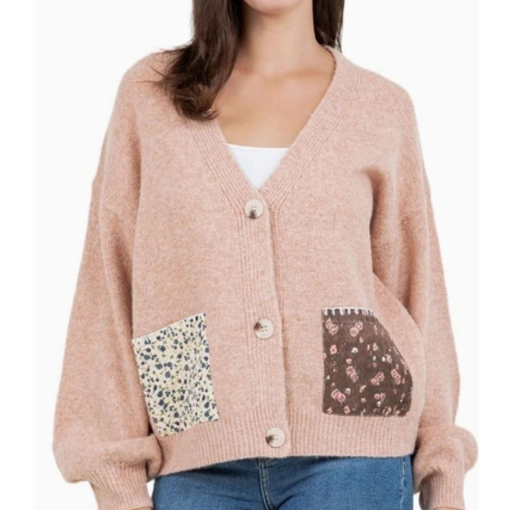 Vanilla Monkey VM Colorblock Floral Patch Pocket Cardigan