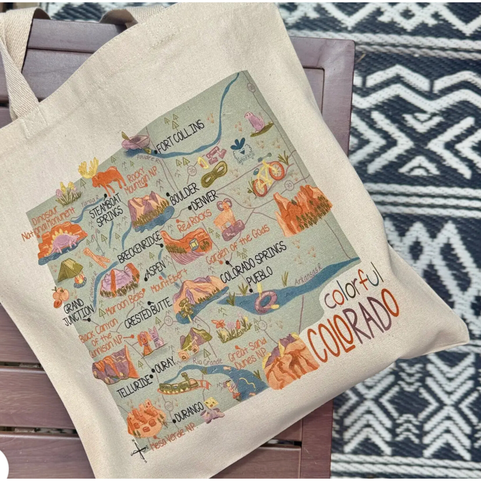 Quirks of Art Quirks of Art Colorful Colorado Map Canvas Tote Bags