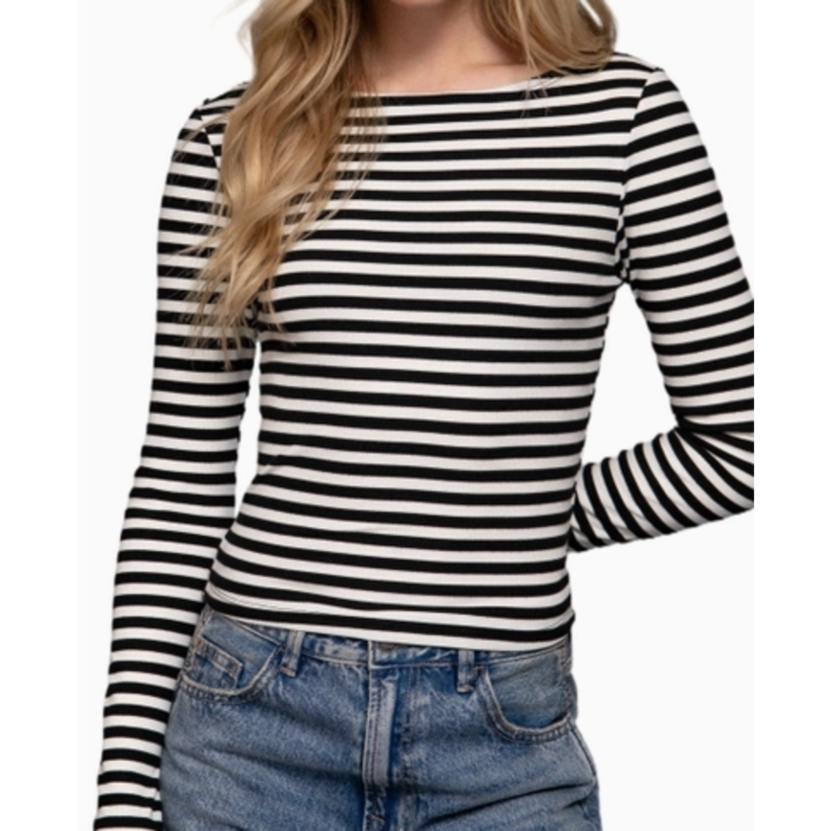 Vanilla Monkey VM Long Slv Boat Neck Stripe Brushed Rib Top