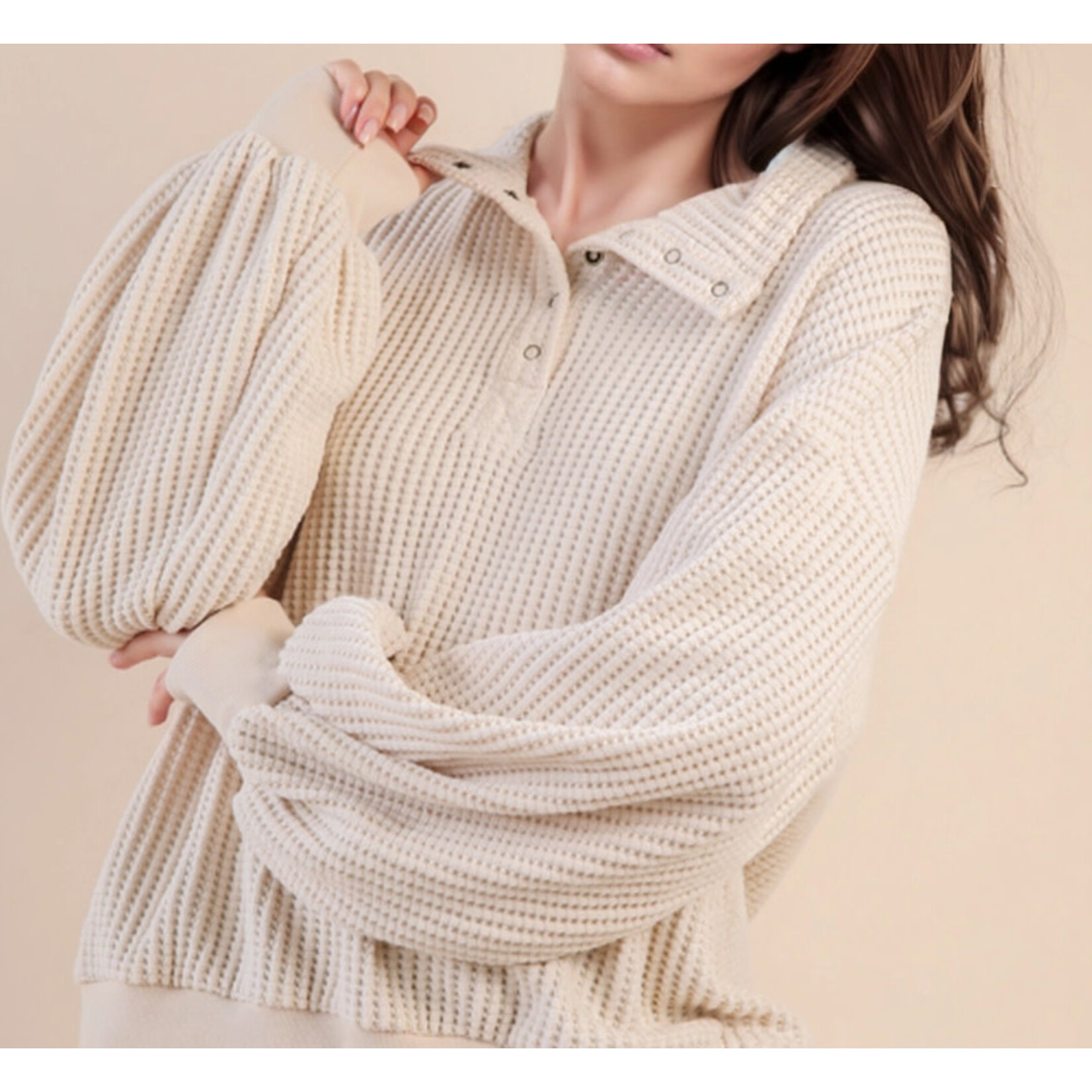 Very J Very J Oversized Half Button Down  Waffle Top