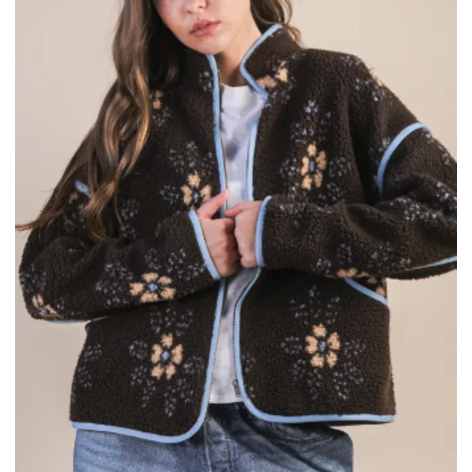 Very J Very J Floral Printed Fleece Sherpa Jacket