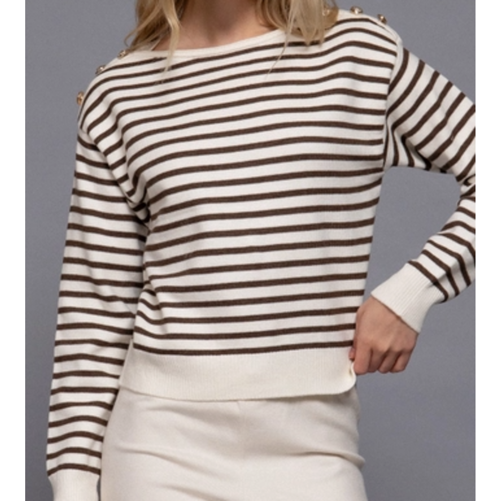 Active Basics AB Long Sleeve Buttoned Shoulder Stripe Sweater