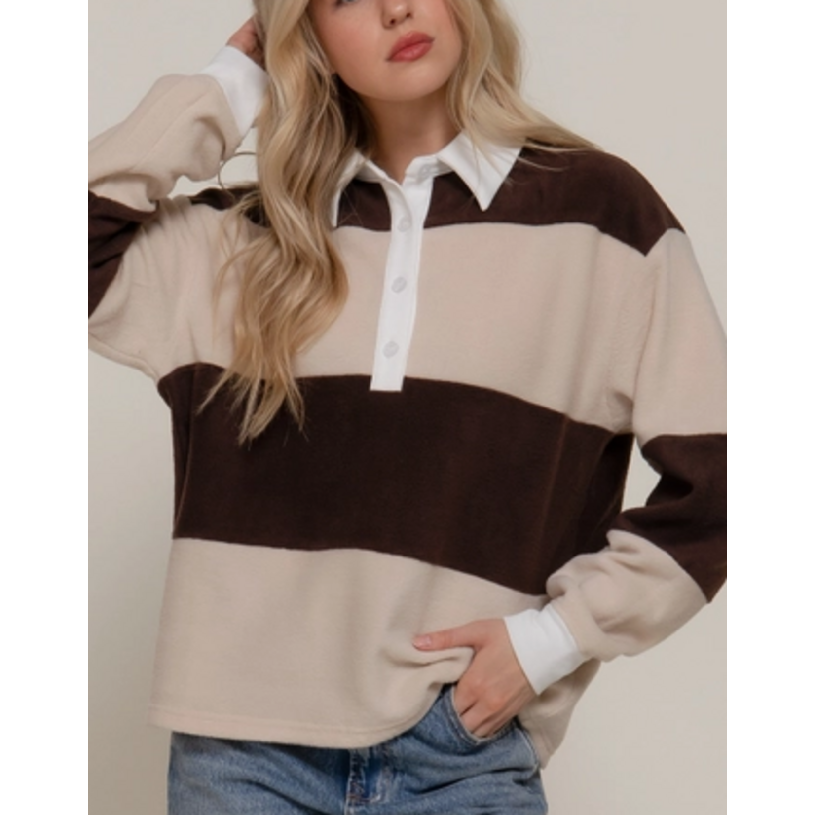 Active Basics AB Long Sleeve Rugby Stripe Fleece Polo Top