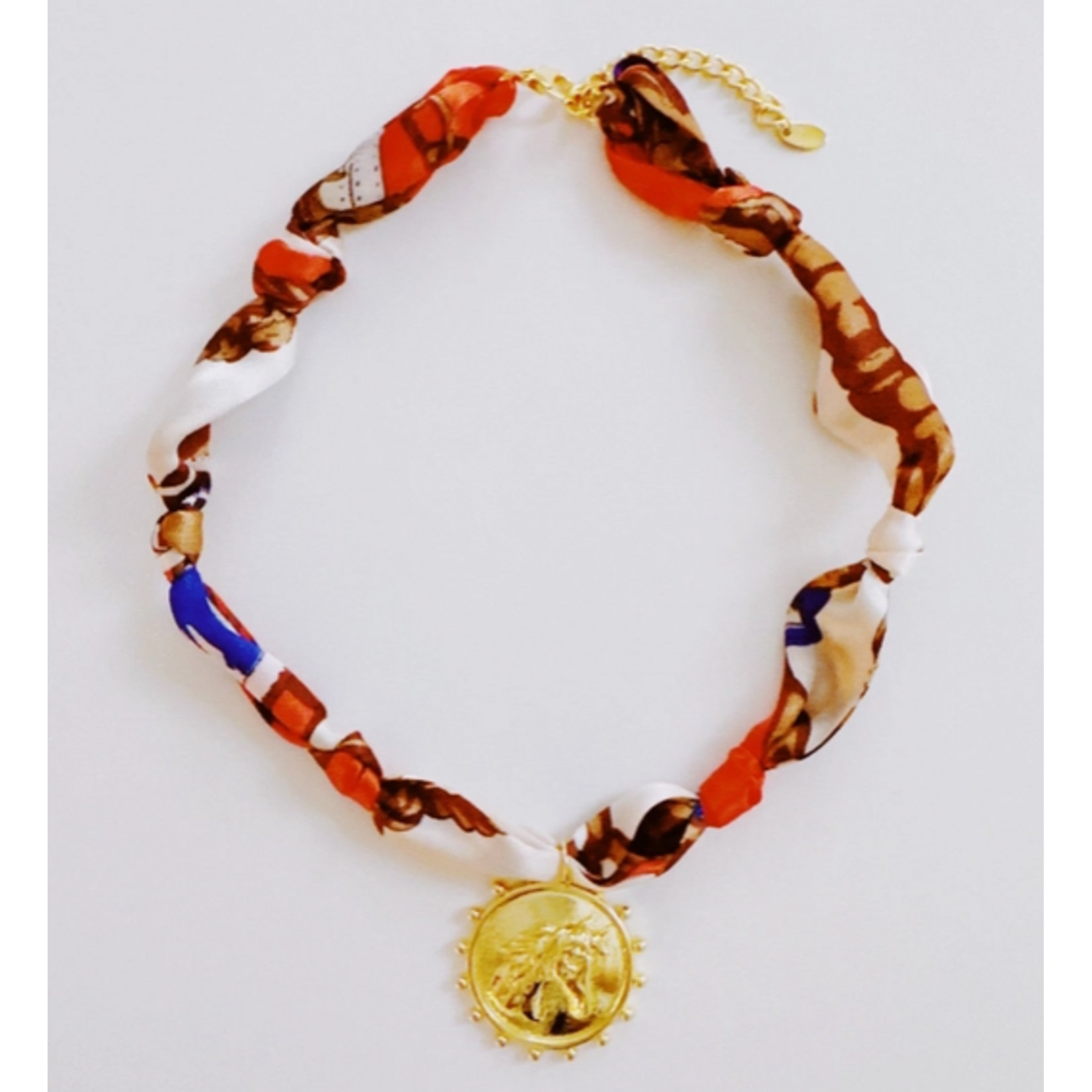 Ellison+Young E&Y Luxe Print Medallion Pendant Scarf Necklace Orange