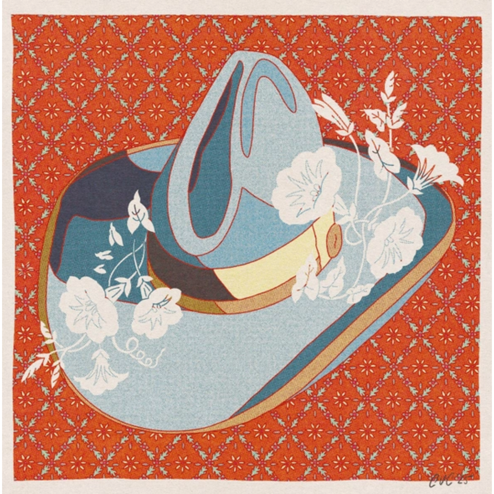 Caroline Clark CClark Blue and Red Cowboy Hat Floral Art Print 12X12