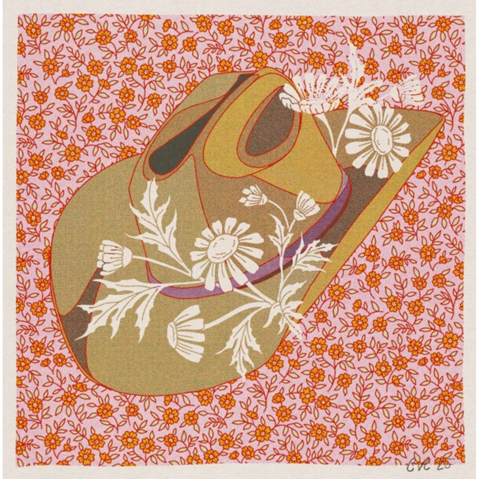 Caroline Clark CClark Brown and Pink Cowboy Hat Floral Art Print 12X12