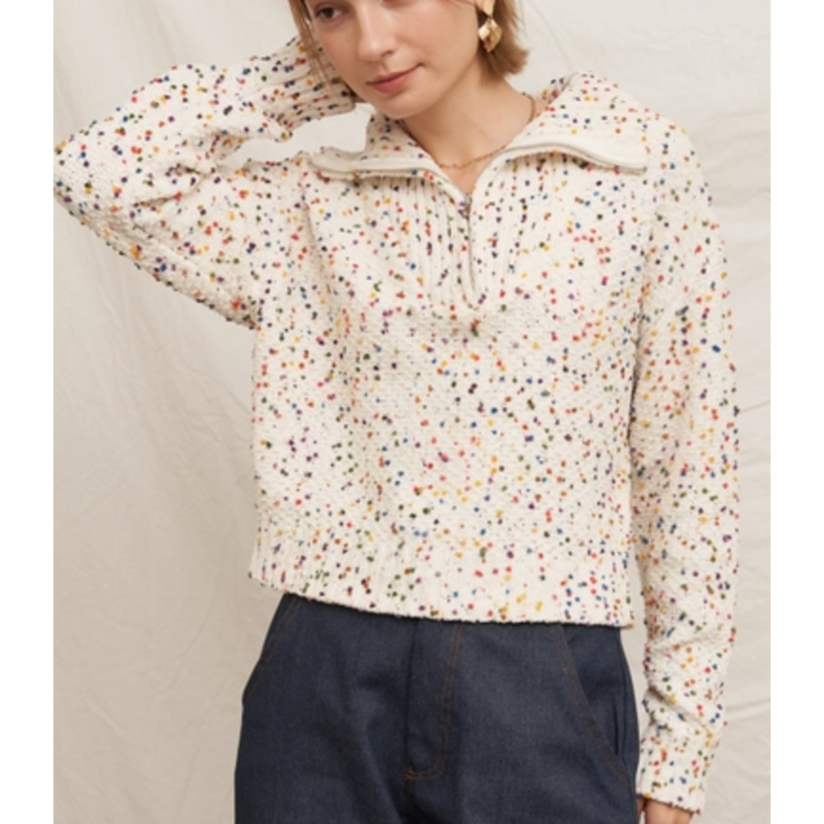 En Creme En Creme Half Zip Confetti Pullover Sweater