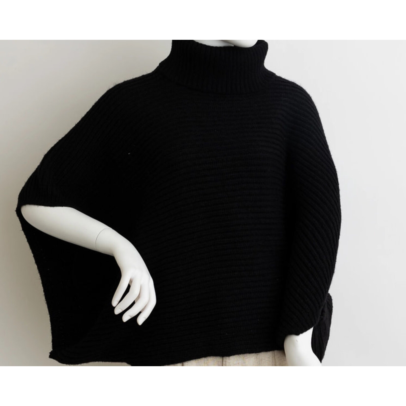 Leto Accessories Leto Turtleneck Ribbed Knit Poncho Black O/S
