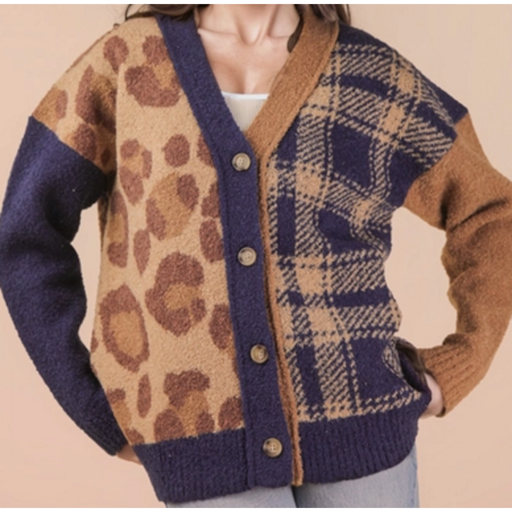 Very J Very J Leopard & Plaid Graphic Cardigan