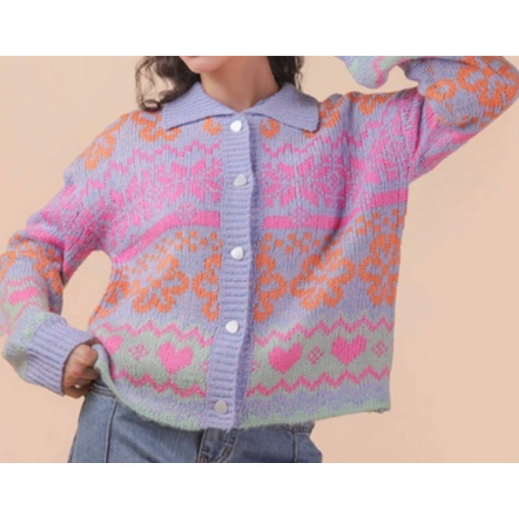 Very J Very J Button Down Graphic Knit Sweater