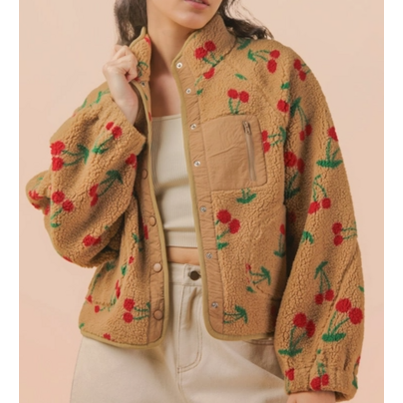 Very J Very J Cherry Printed Fleece Oversized Jacket