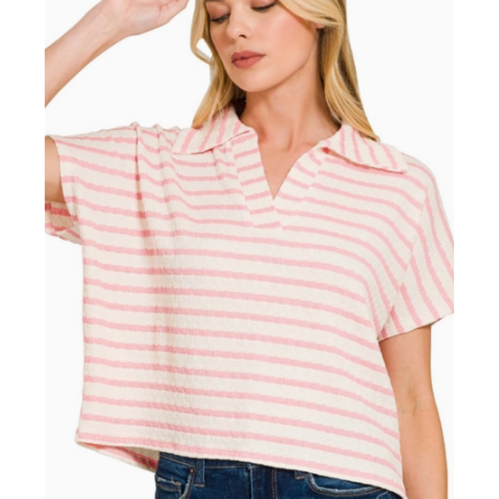 Vanilla Monkey VM Striped Split Neck Collared Top