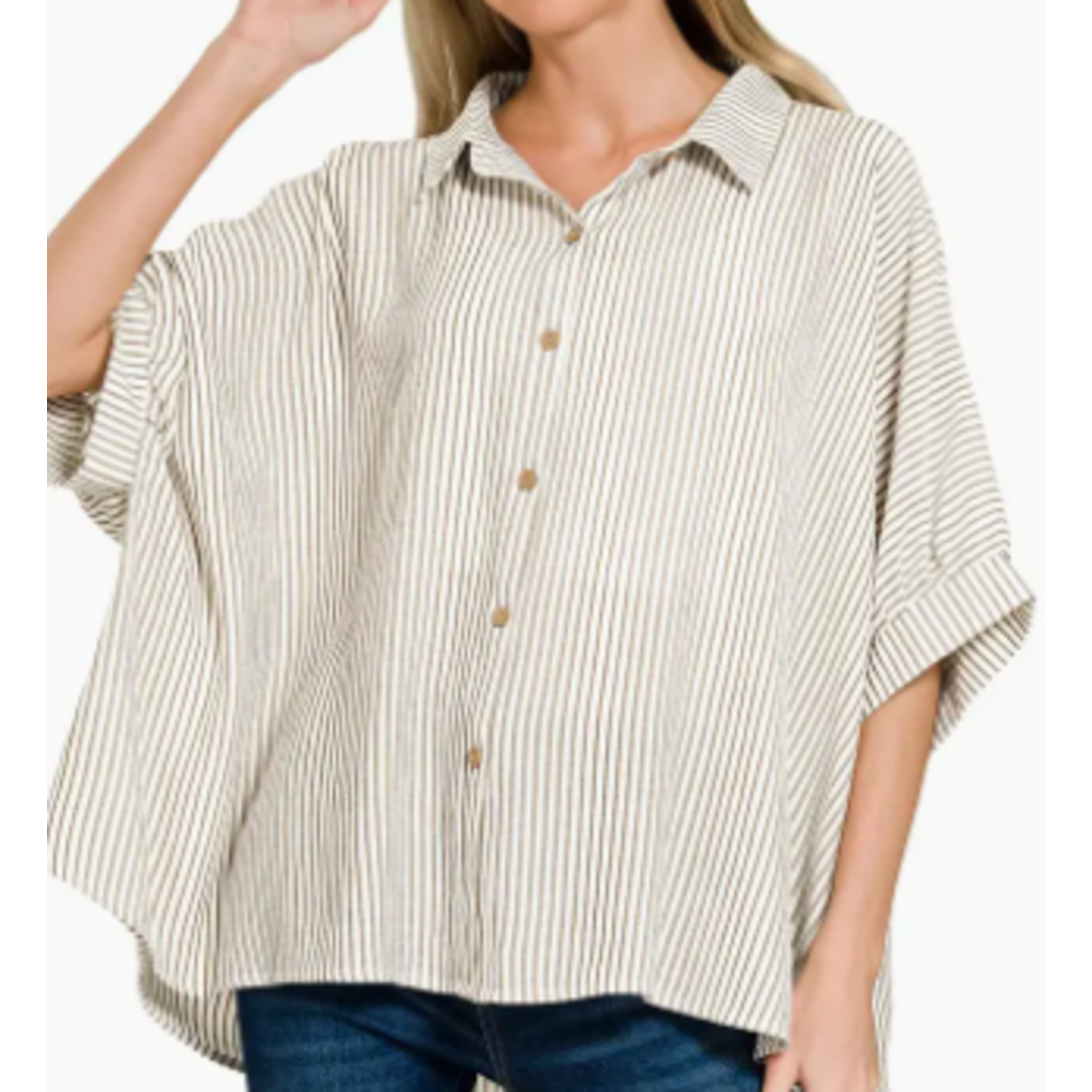 Vanilla Monkey VM Woven Stripe Button Down Boxy Top