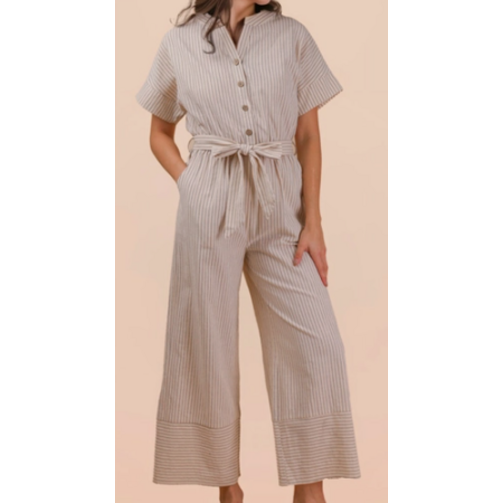 Very J Very J Half Button Down Stripe Linen Jumpsuit