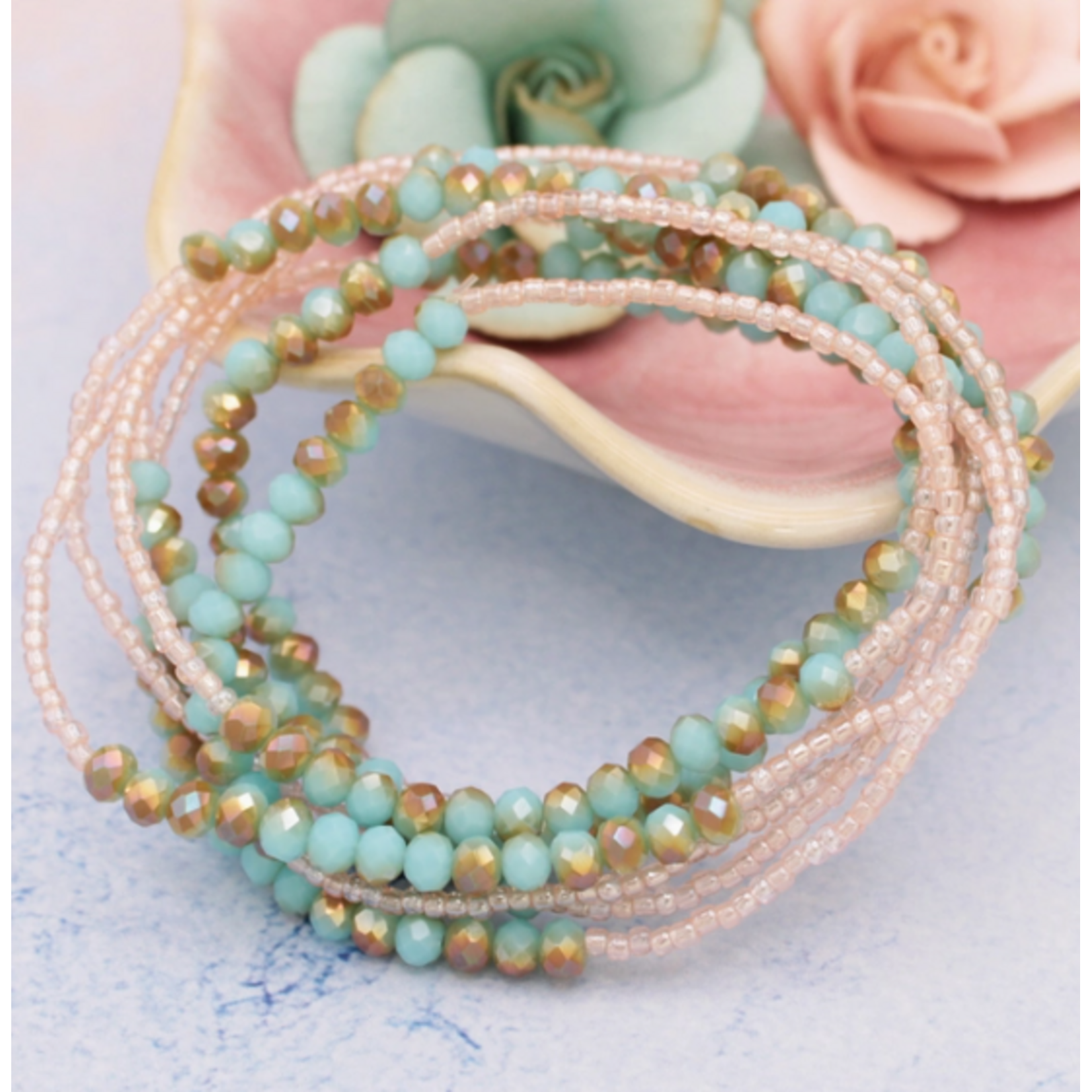 ZAD ZAD Blue Peach Bead Stretch Wrap Bracelet
