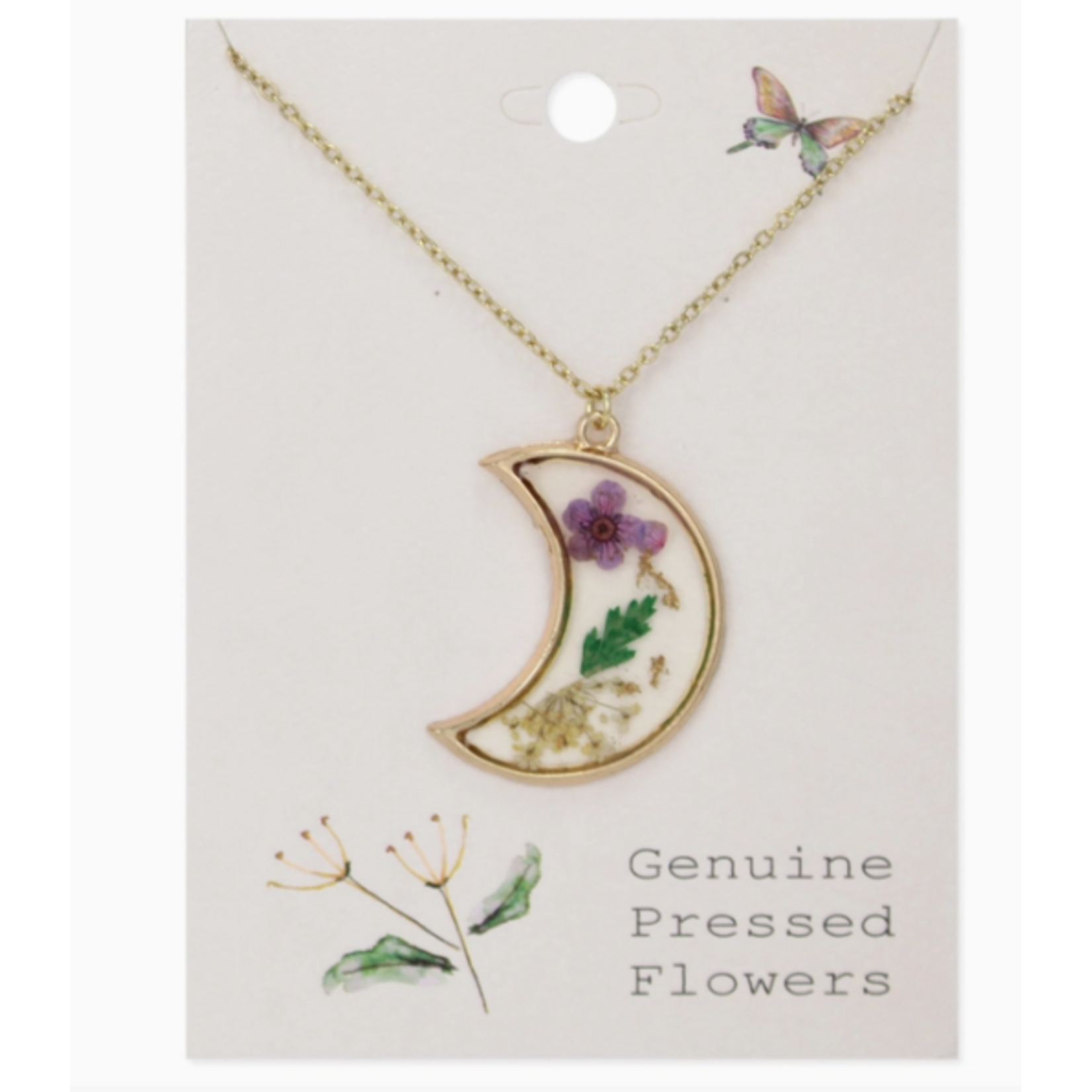 ZAD ZAD Purple Floral Moon Dried Flower Gold Necklace