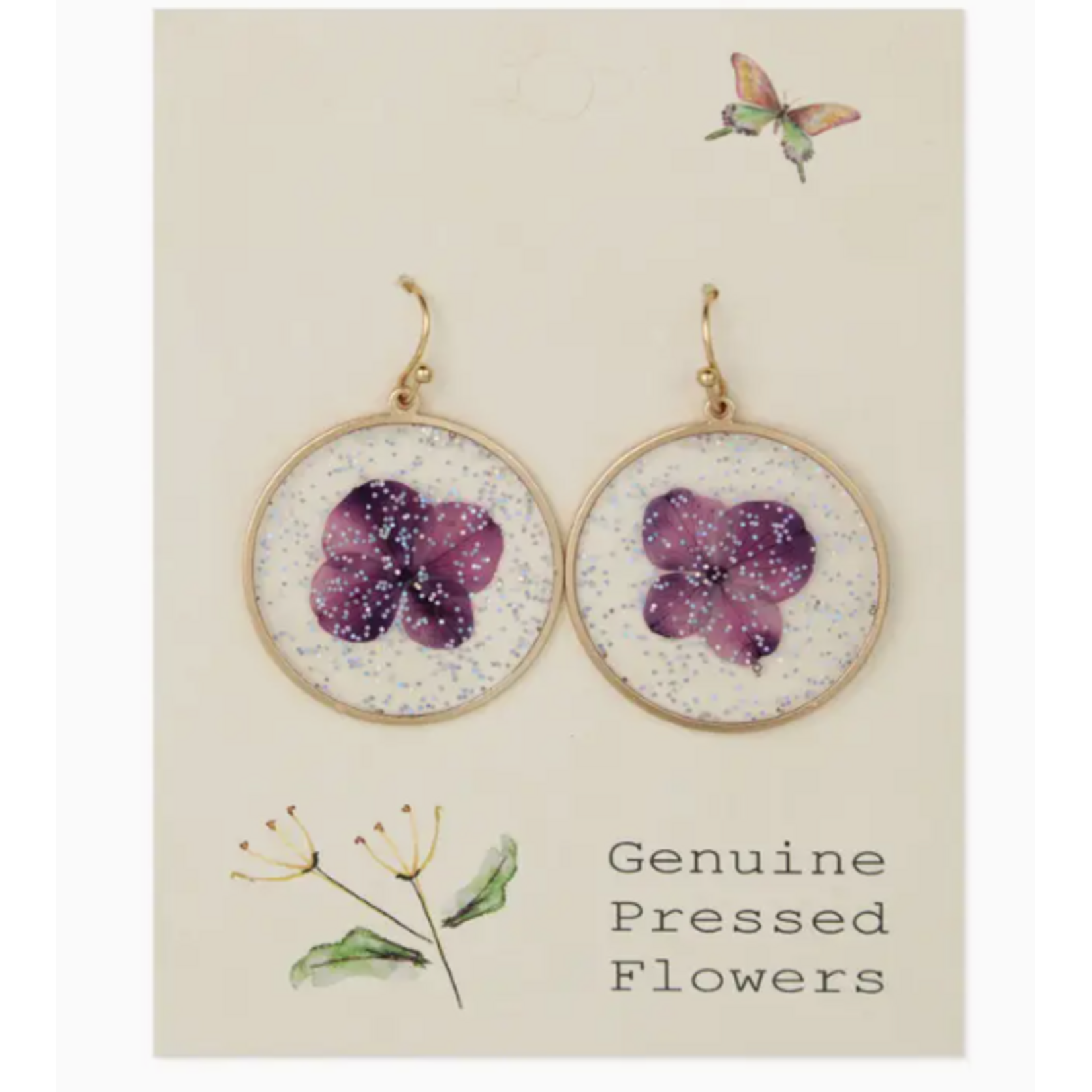 ZAD ZAD Round Gold Purple Dried Flower Glitter Earrings