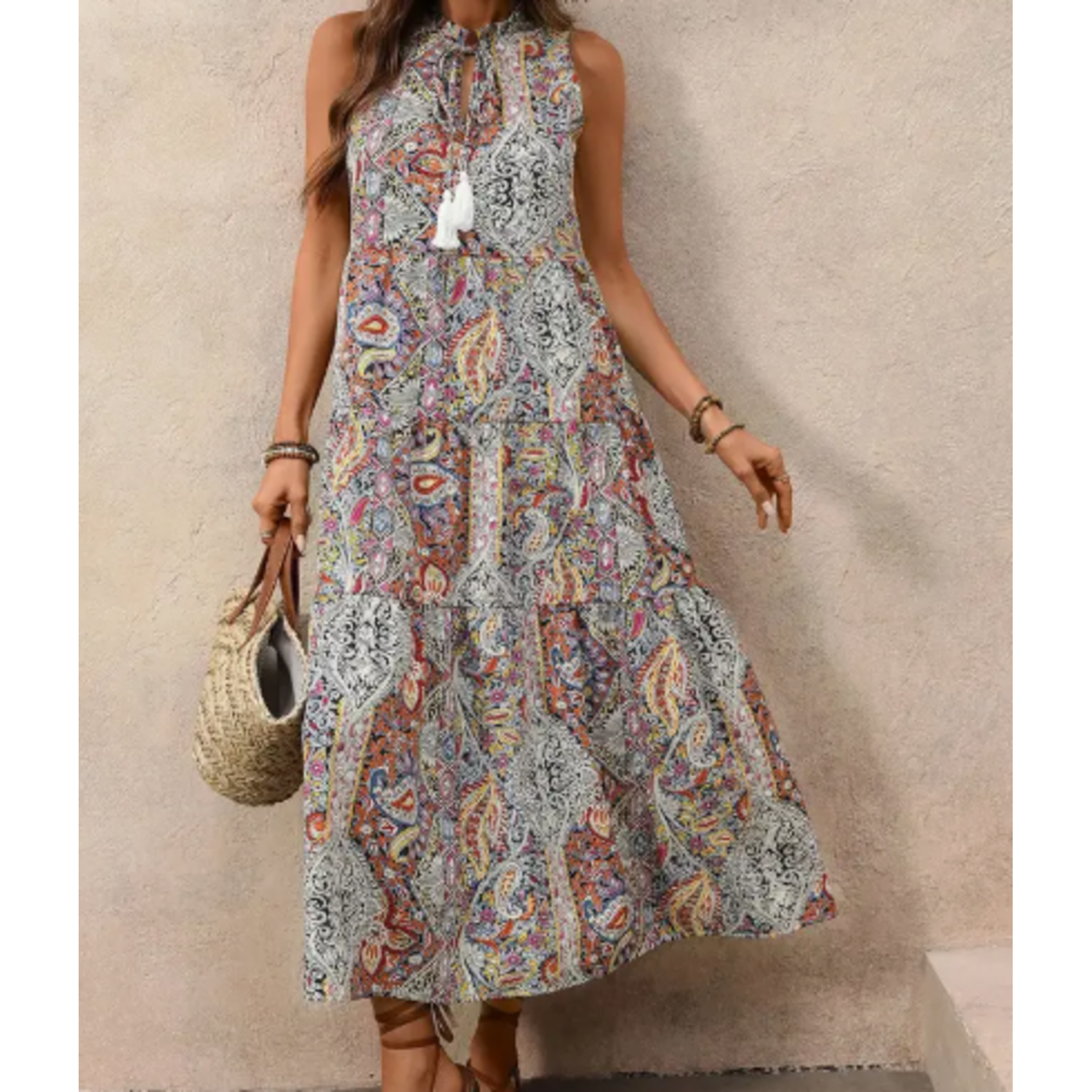 Suhkasana Suhkasana Boho Paisley Sleeveless Midi Dress Tassel Vacation