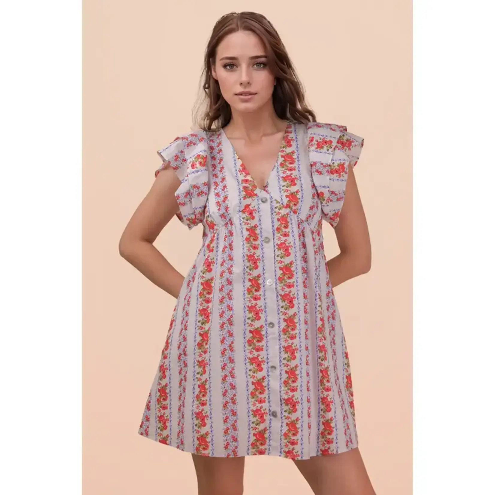 Very J Very J Button Down Printed Ruffle Sleeve Mini Dress