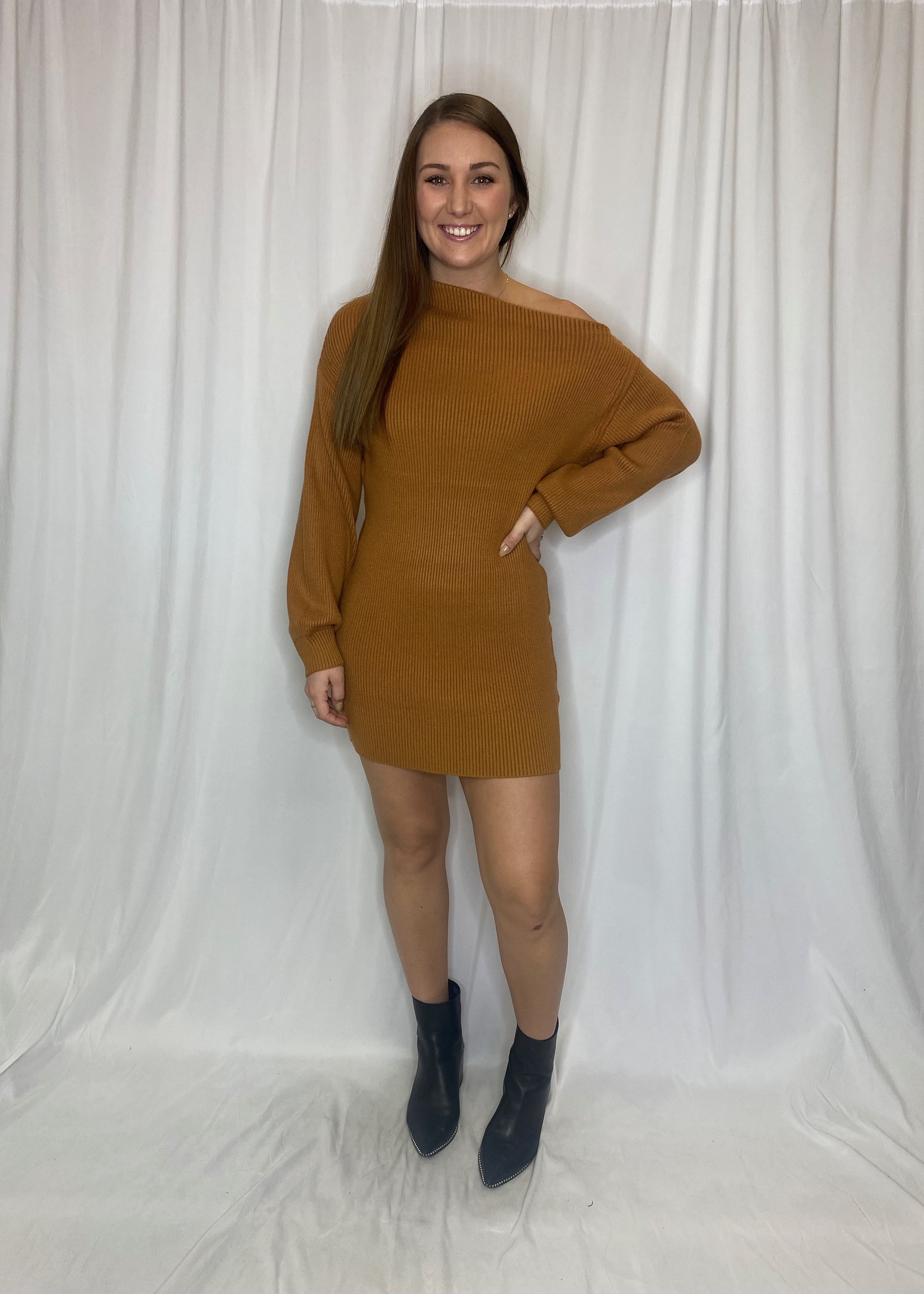 Walnut Off The Shoulder Knit Dress