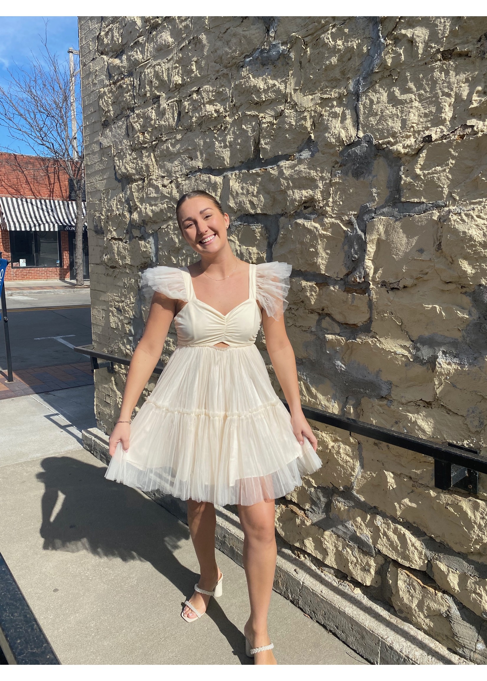 Cream Pleated Tulle Mini Dress