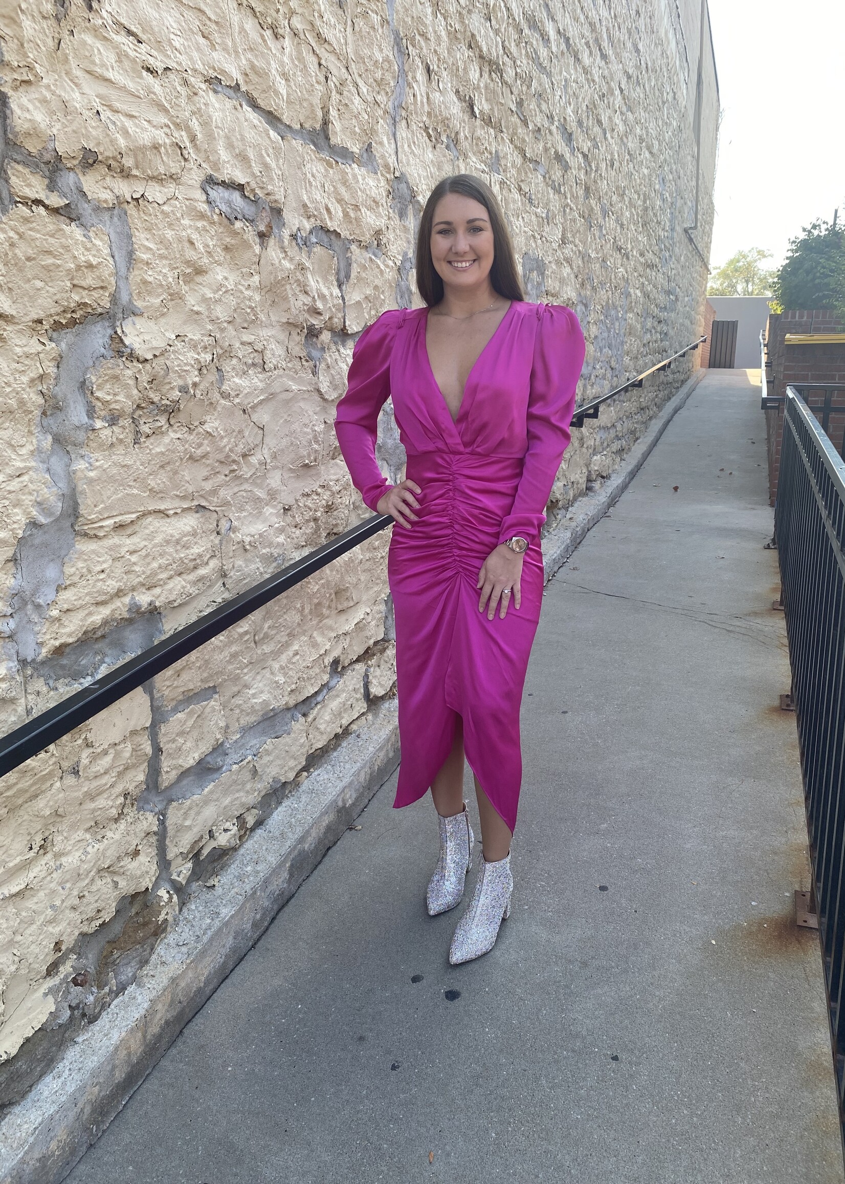 Magenta Long Sleeve Satin Shirring Dress