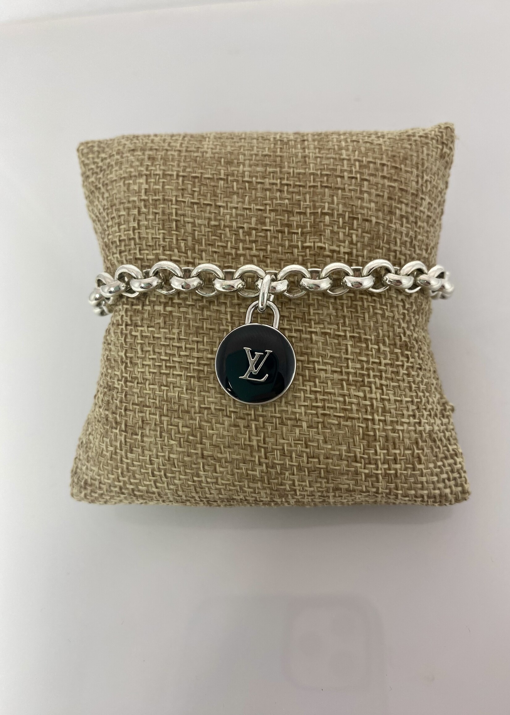 Winifred Design Repurposed Silver Rolo Chain Bracelet Black LV Charm