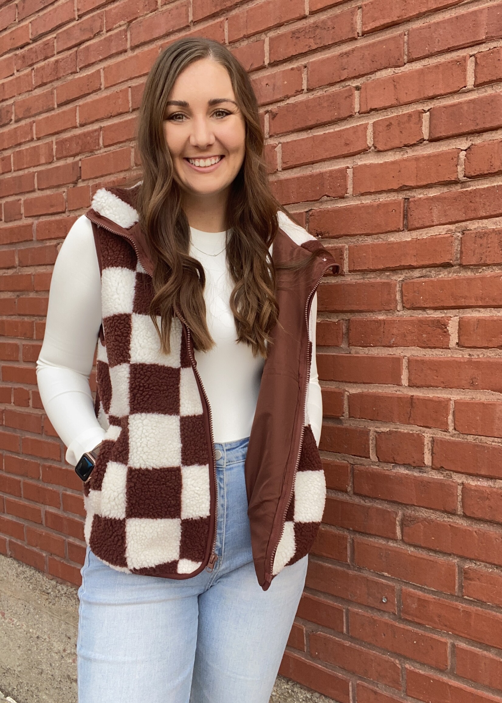 Brown Checkered Sherpa Vest