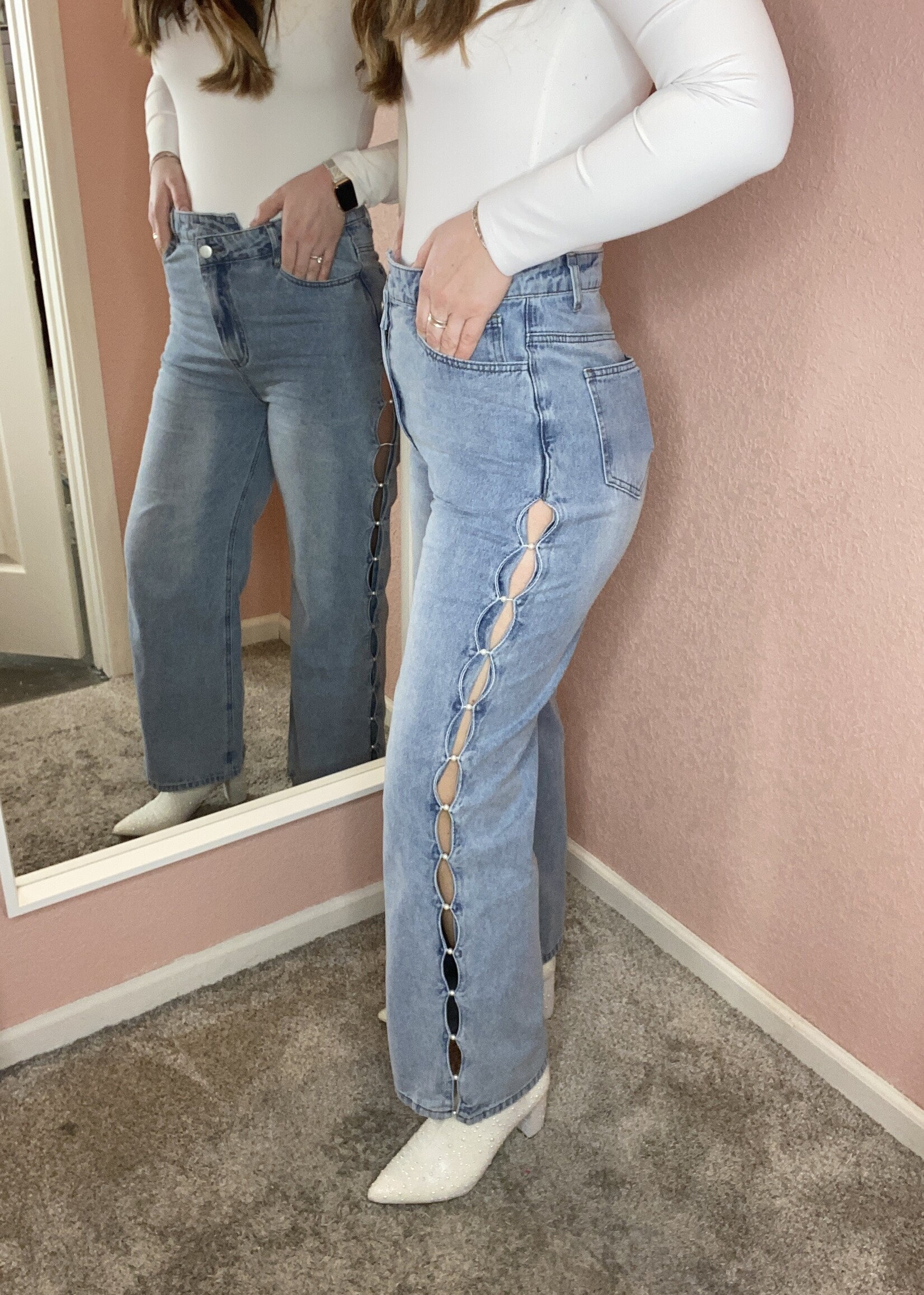 Pearl Embellished Straight Leg Jeans