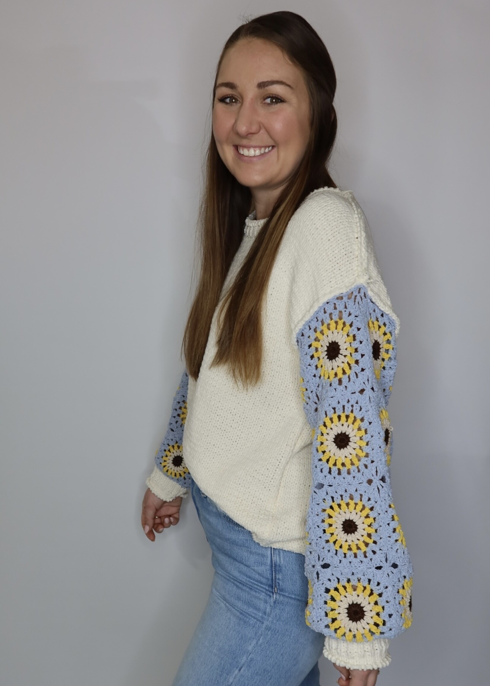 Ivory + Multi Crochet Sleeve Sweater