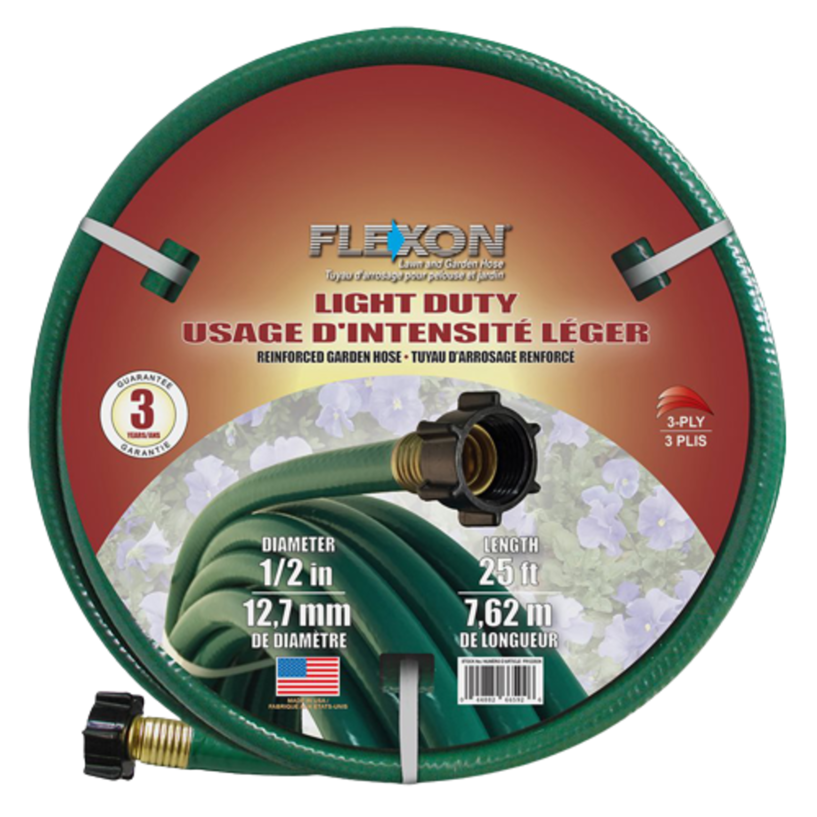 LIGHT DUTY REINFORCED GREEN HOSE - 1/2 INCH DIAMETER, 25FT LENGTH