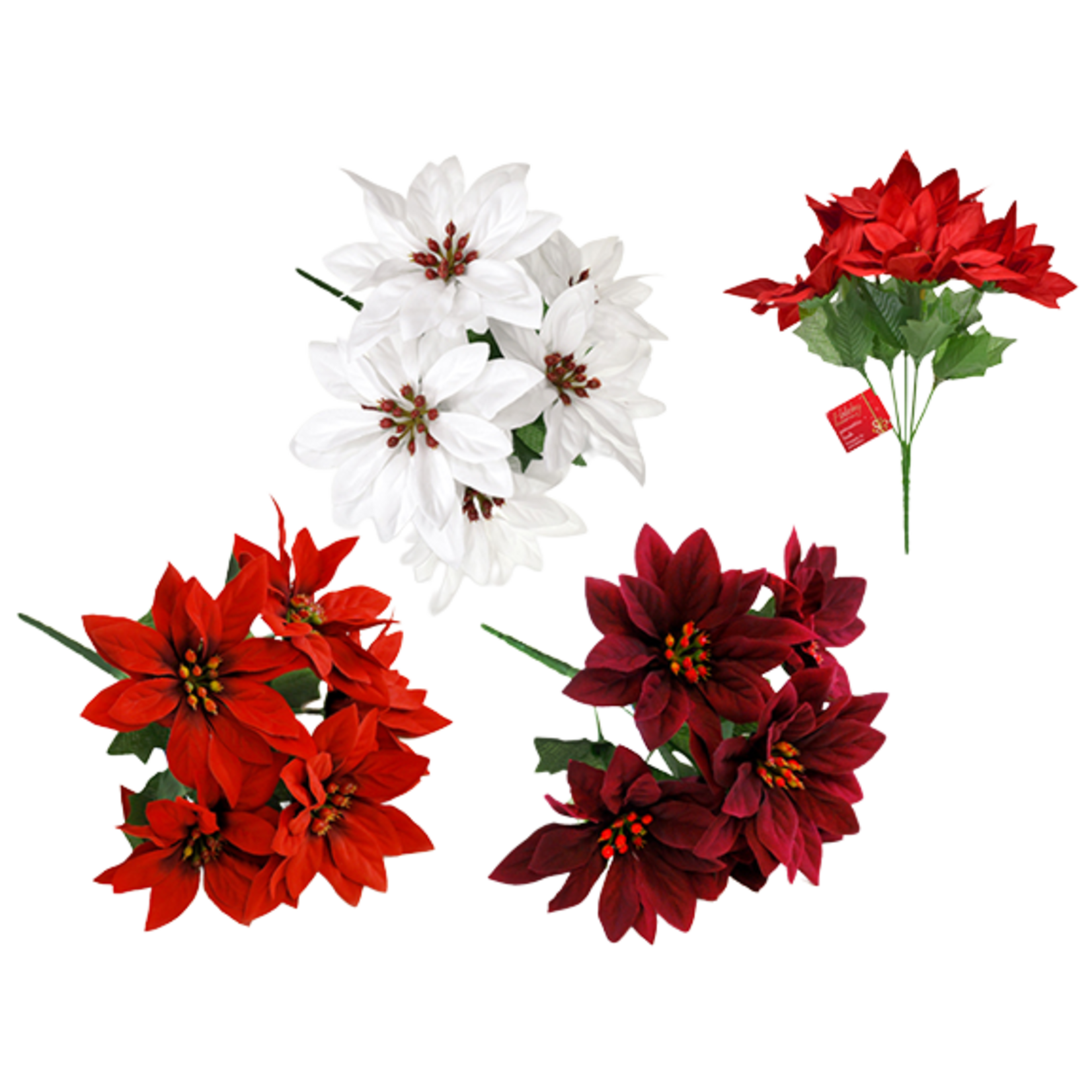 10IN POINSETTIA BUSH 5 HEAD SOFT TOUCH - RED, WHITE AND BURGUNDY - 1PC