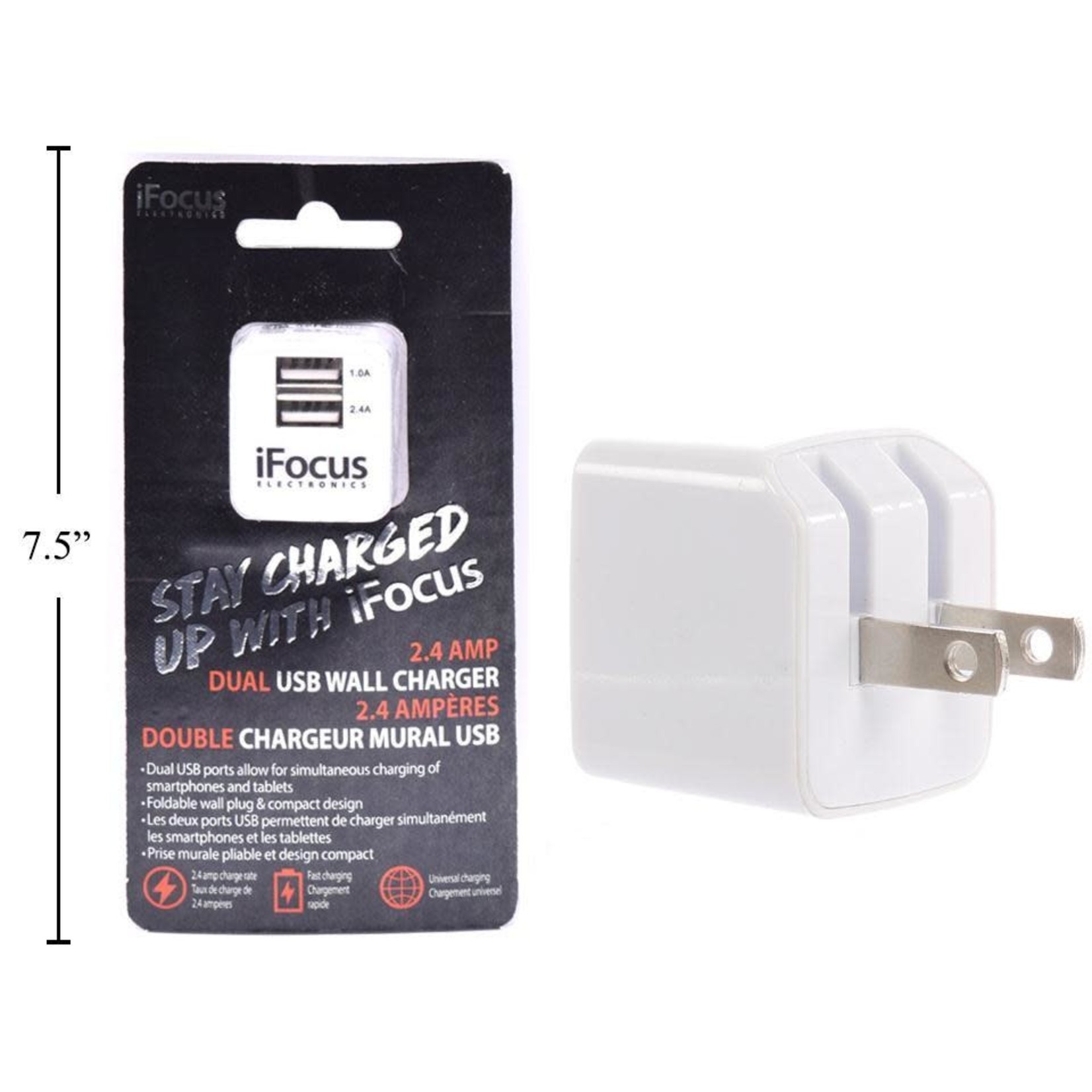 DUAL PORT USB WALL CHARGER, 5V/2.4A, WHITE