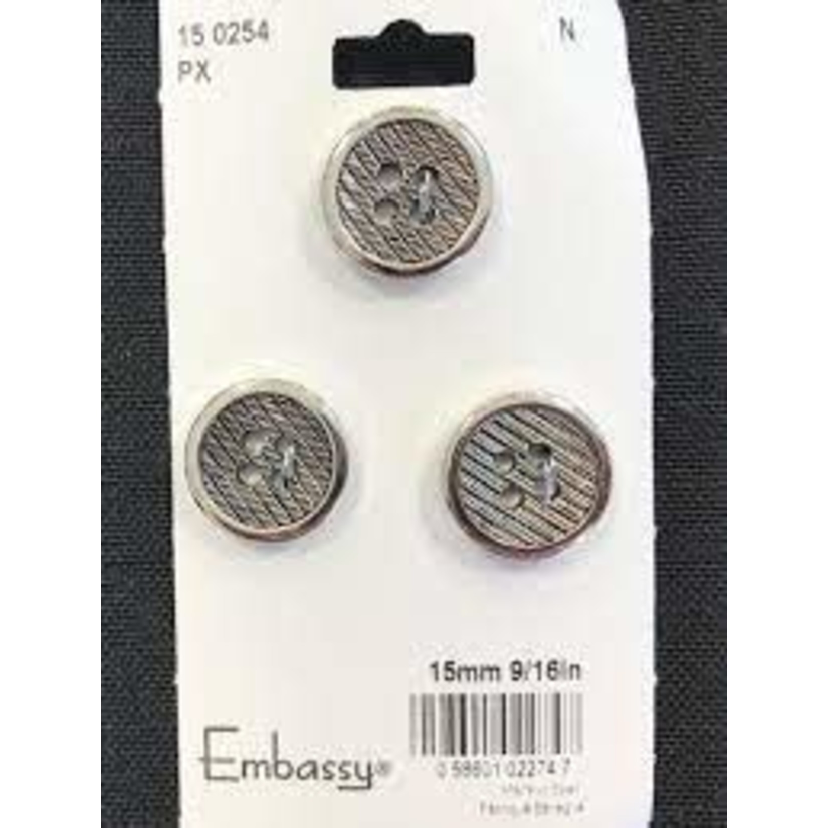 15MM SILVER STRIPED BUTTONS - 4 HOLES - 3PK