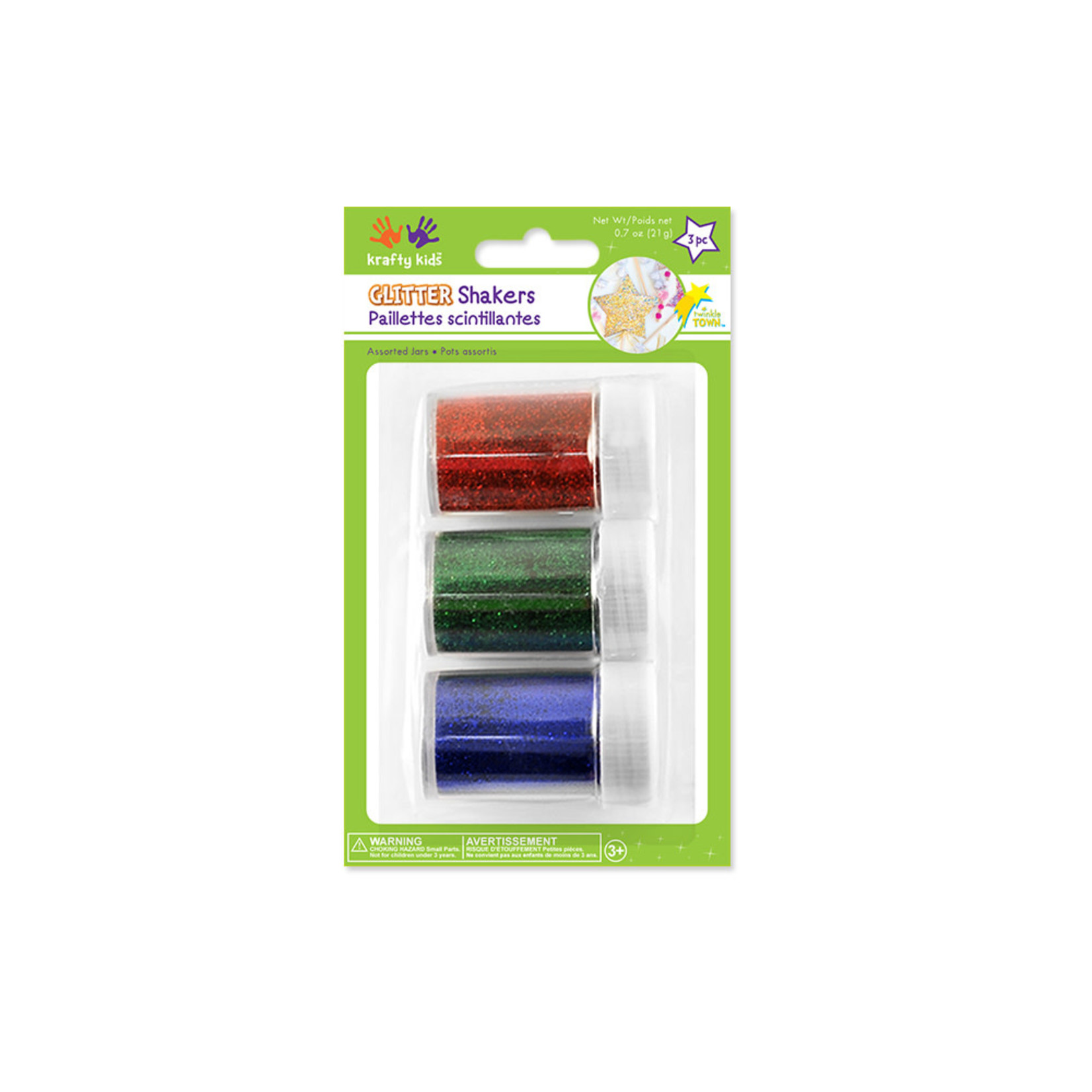 TWINKLE TOWN: 21G GLITTER SHAKER JARS 3X7G WITH SCREW-TOP B) RED/GREEN/BLUE