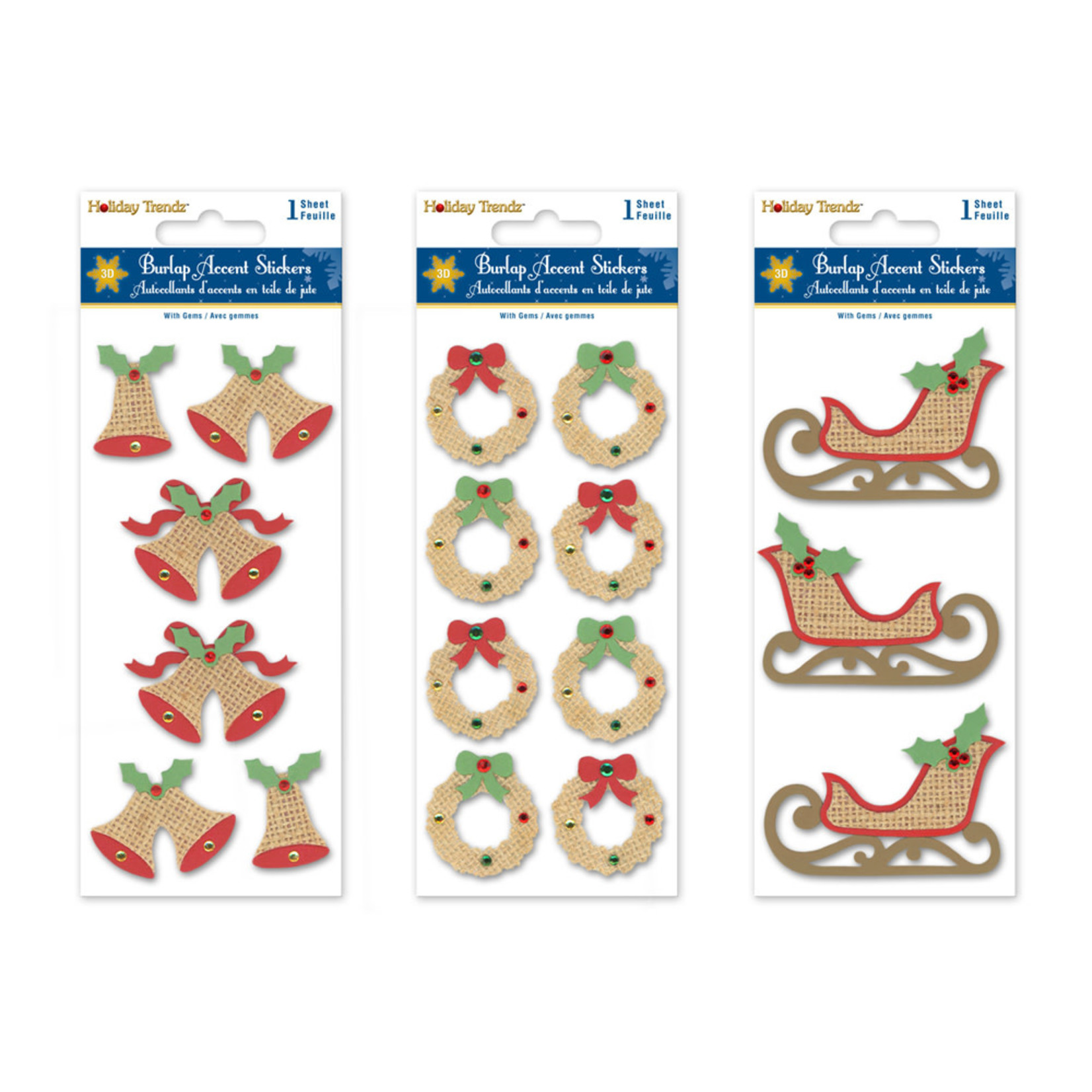 HOLIDAY STICKERS: 3INX6.4IN 3D BURLAP ACCENTS ASST 12EAX3STYLES A) SEASONAL ICONS