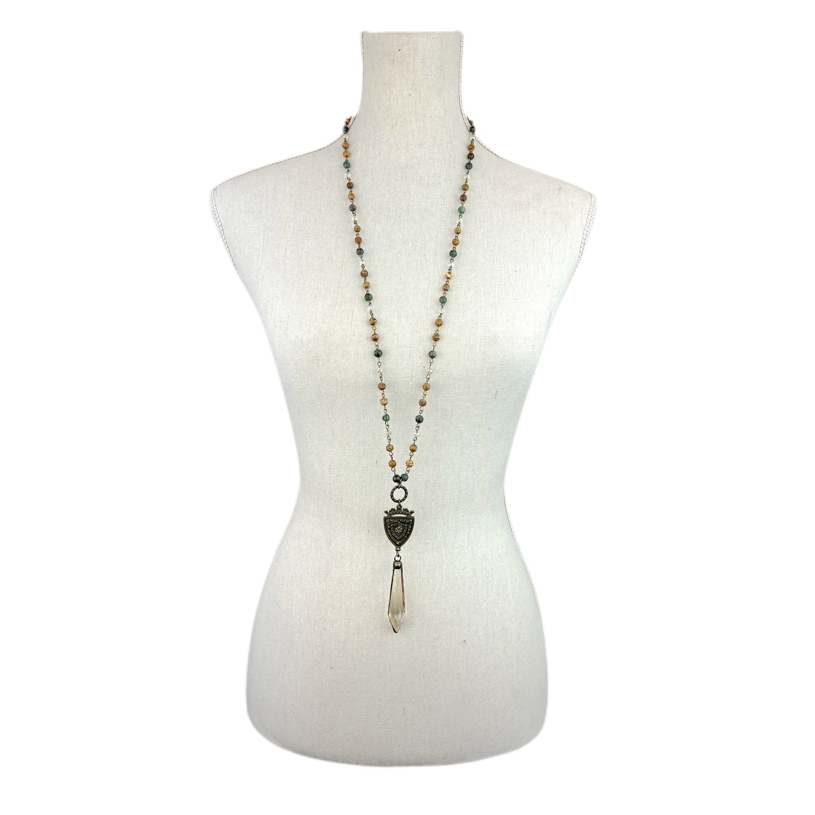 Long Chandelier & French Shield Pendant Necklace