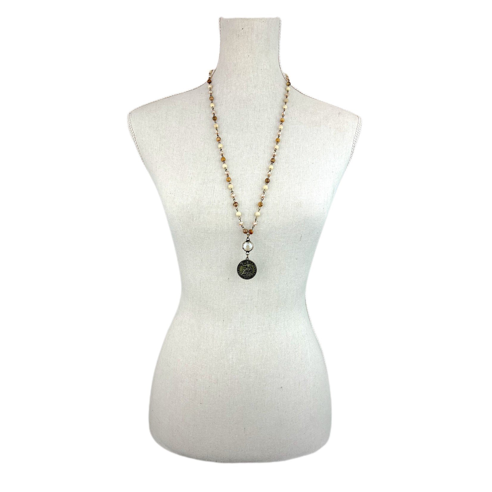 Coin & Round Crystal Pendant Long Necklace