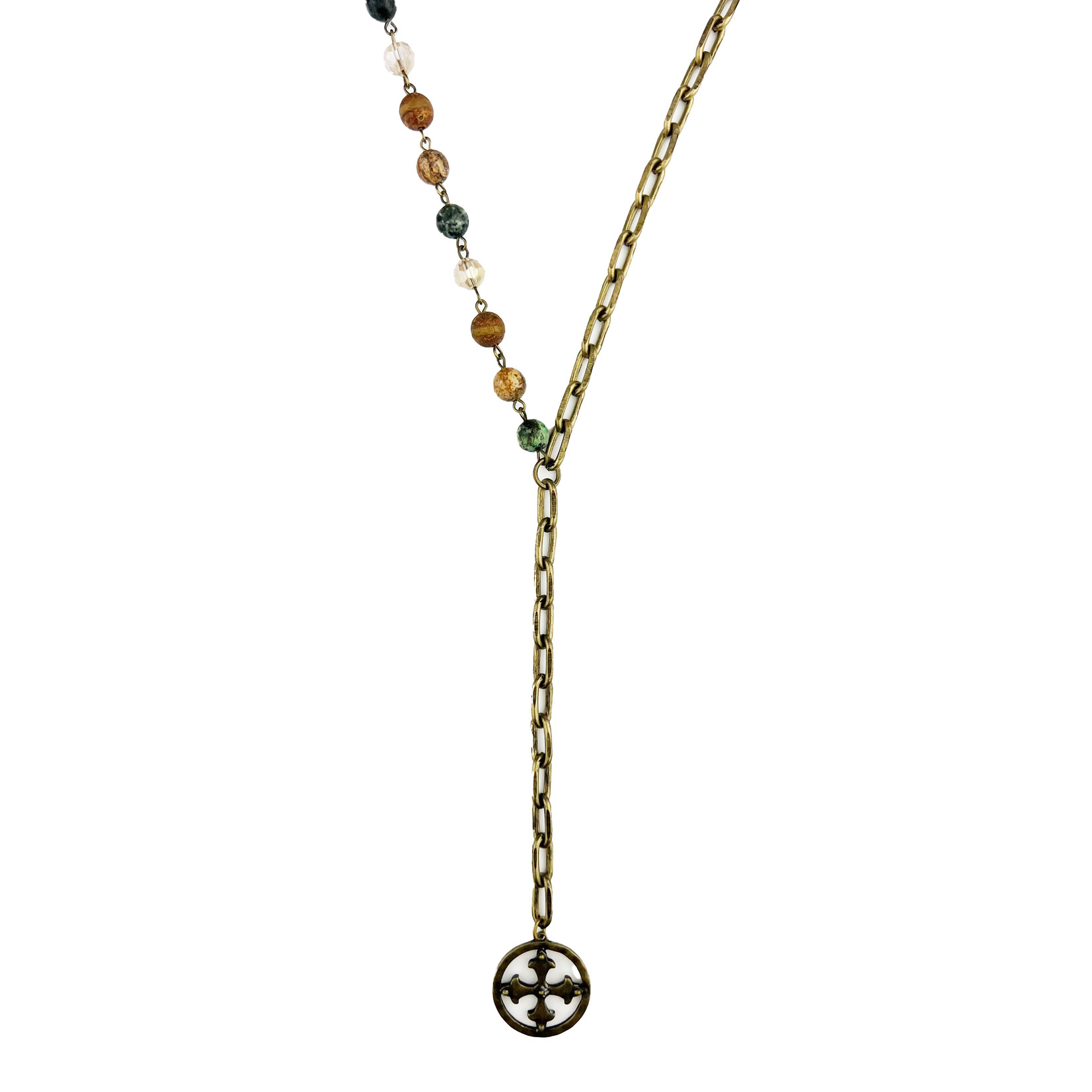 Chain & Beads Necklace with Coin Cross Pendant