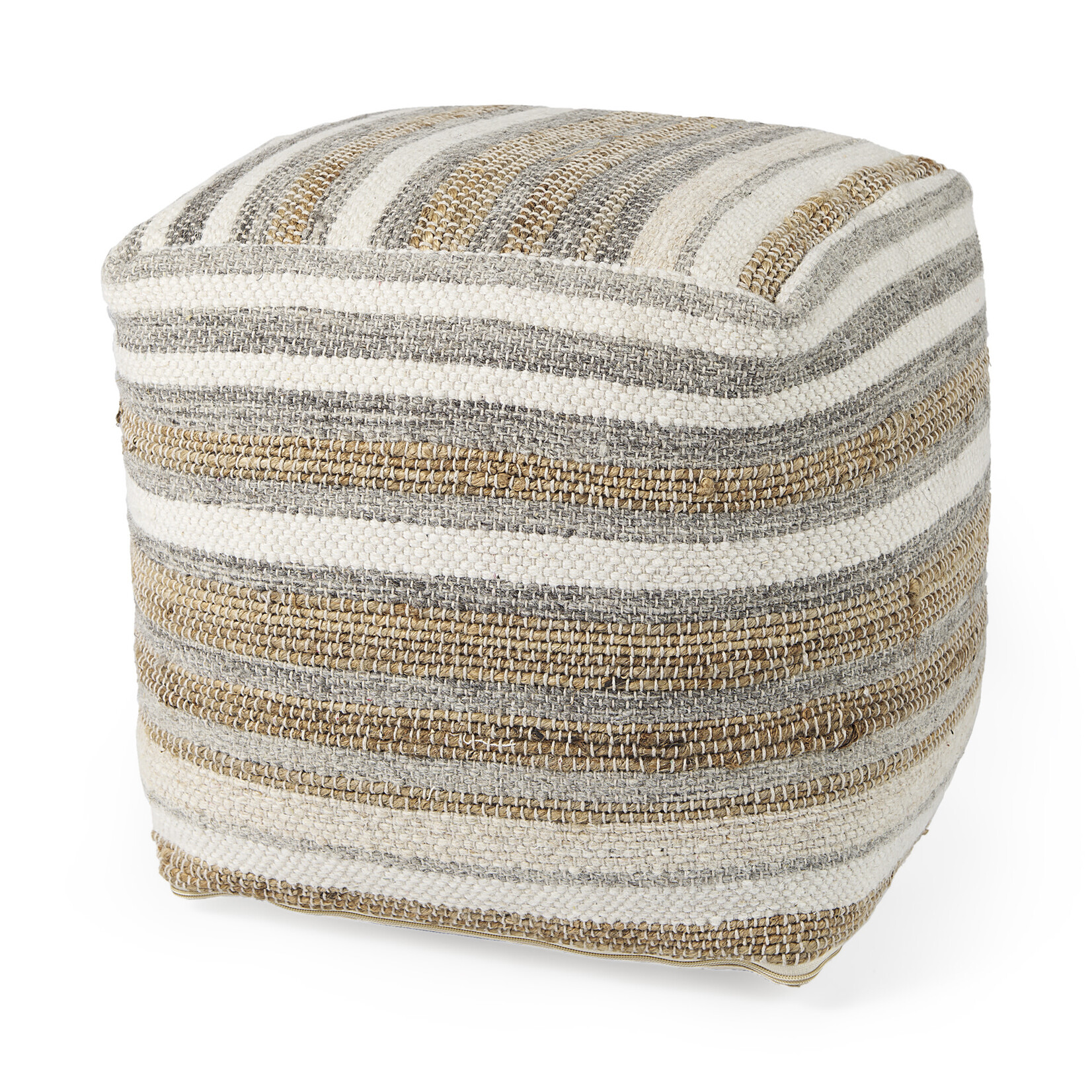 Aahana Striped Hemp & Cotton Pouf White/Taupe/Gray