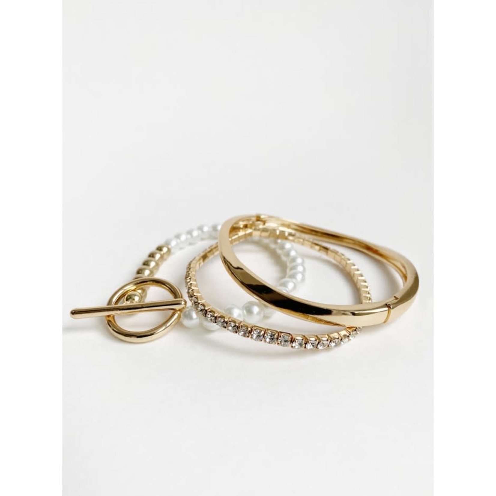 Gold Set of 3 Bracelets Crystals & Pearls