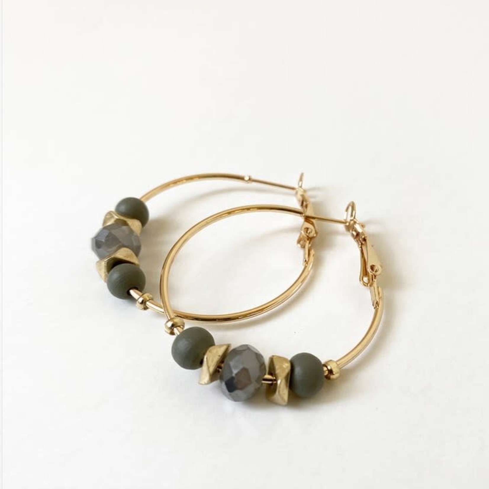 Grey & Gold Hoops with Glass & Wood Beads