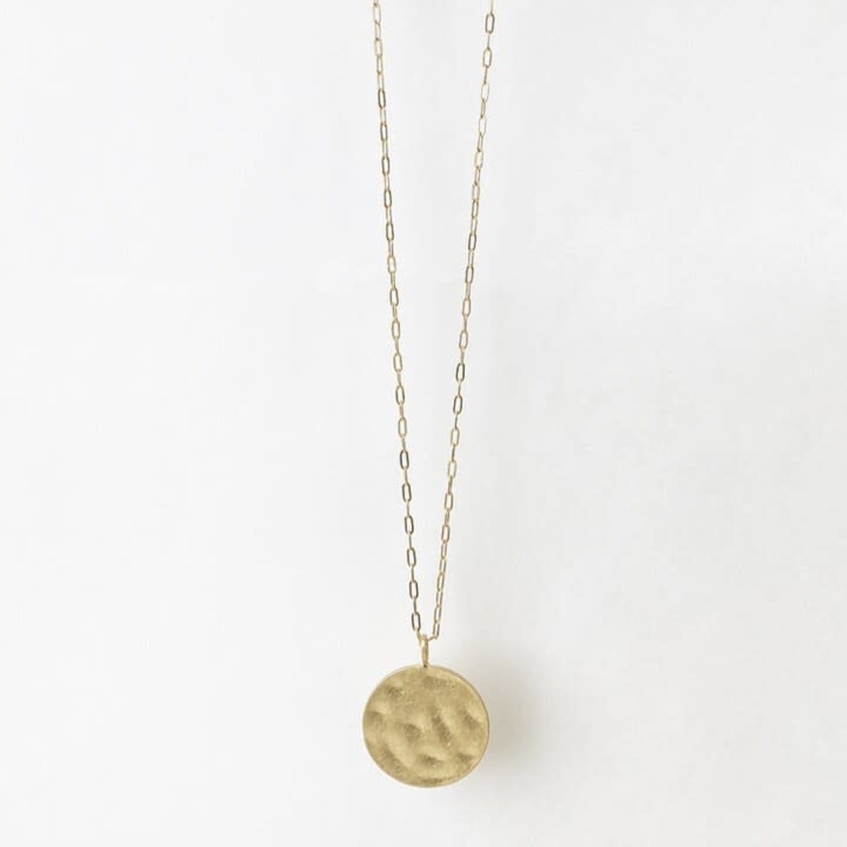 Gold Long Necklace with Hammered Metal Pendant
