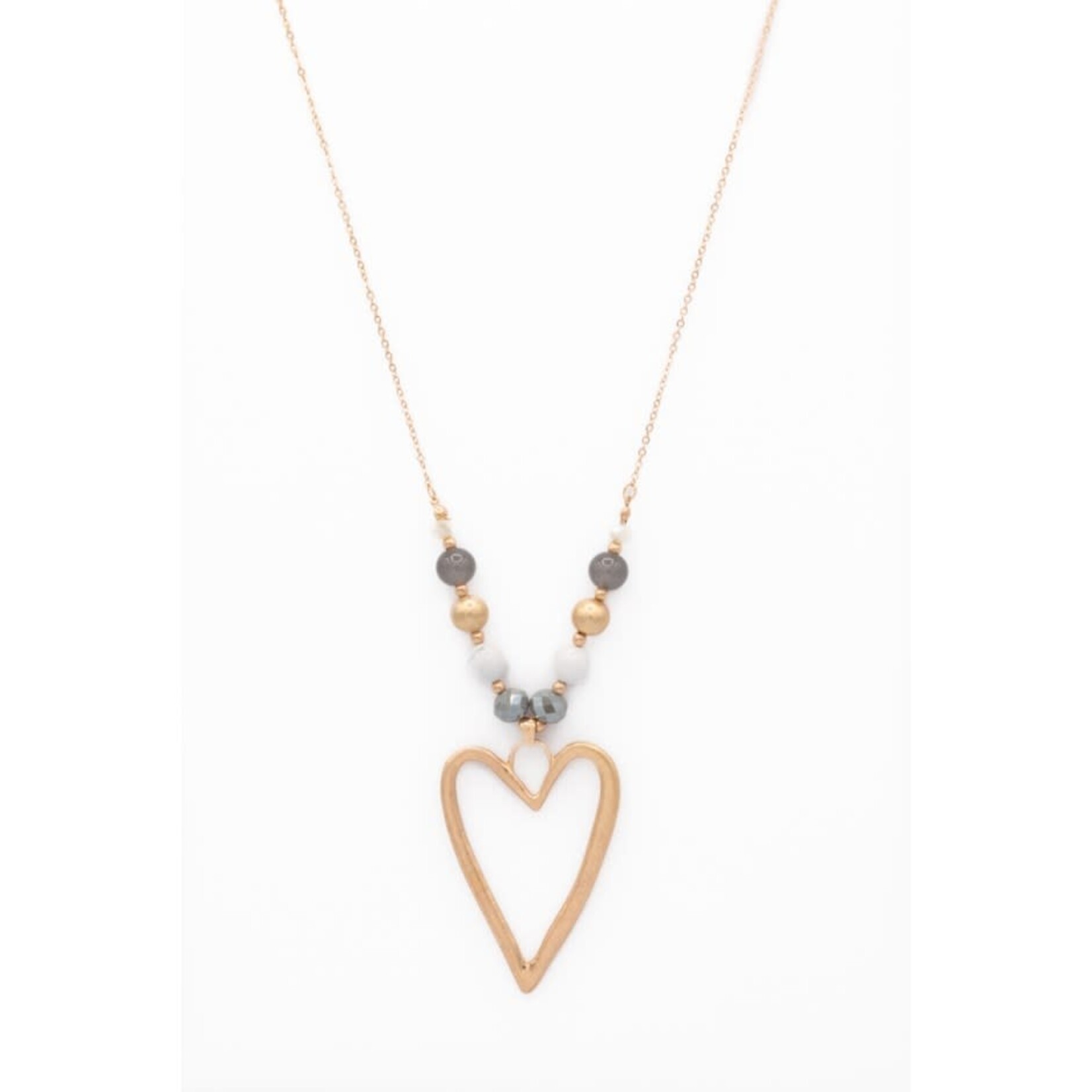 Metal Heart Pendant on Adjustable Chain w/ Assorted Beads - Taupe/Gold