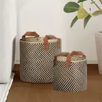 Pandan Chevron Round Storage Basket w/ Leather Handle - Large